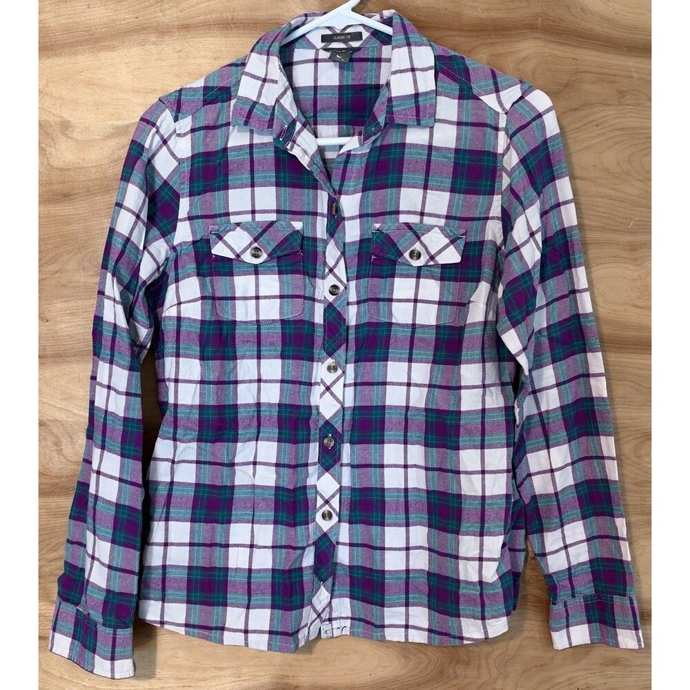 Eddie Bauer Flannel Button Down Shirt Women Small Plaid Classic Fit Outdoor READ
